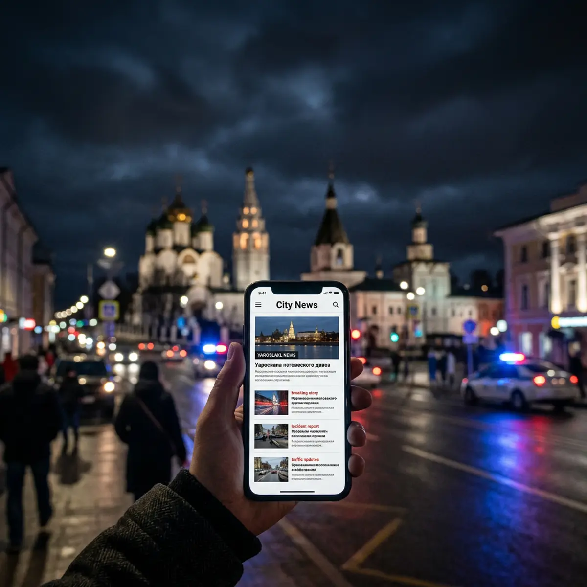 Смартфон с городскими новостями на фоне вечернего Ярославля